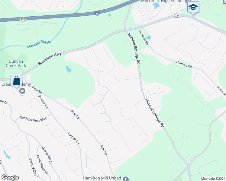 map of restaurants, bars, coffee shops, grocery stores, and more near 1945 Huntington Hill Trace Northeast in Buford