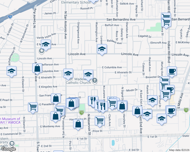 map of restaurants, bars, coffee shops, grocery stores, and more near 917 Washington Avenue in Pomona