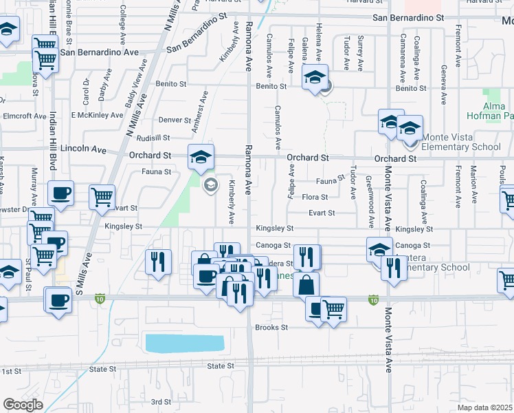 map of restaurants, bars, coffee shops, grocery stores, and more near 4521 Flora Street in Montclair