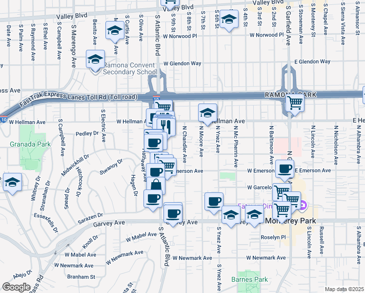 map of restaurants, bars, coffee shops, grocery stores, and more near 521 North Chandler Avenue in Monterey Park