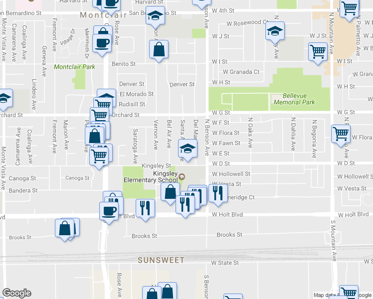 map of restaurants, bars, coffee shops, grocery stores, and more near 10251 Santa Anita Avenue in Montclair