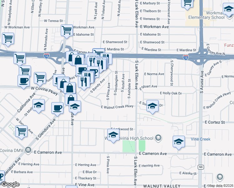 map of restaurants, bars, coffee shops, grocery stores, and more near 316 South Gardenglen Street in West Covina