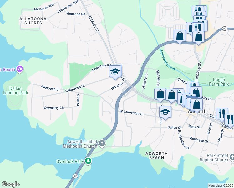 map of restaurants, bars, coffee shops, grocery stores, and more near 4665 Lake Acworth Drive in Acworth
