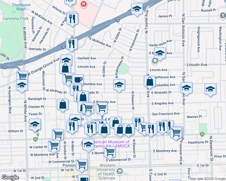 map of restaurants, bars, coffee shops, grocery stores, and more near 371 East Alvarado Street in Pomona