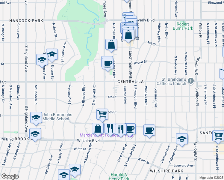 map of restaurants, bars, coffee shops, grocery stores, and more near 333 South Arden Boulevard in Los Angeles