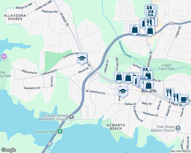 map of restaurants, bars, coffee shops, grocery stores, and more near 4671 Collins Avenue in Acworth