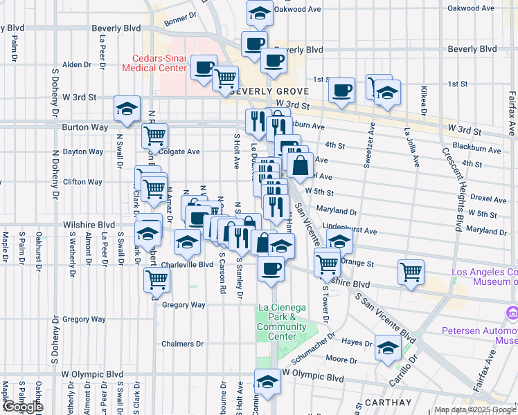 map of restaurants, bars, coffee shops, grocery stores, and more near 148 Le Doux Road in Beverly Hills