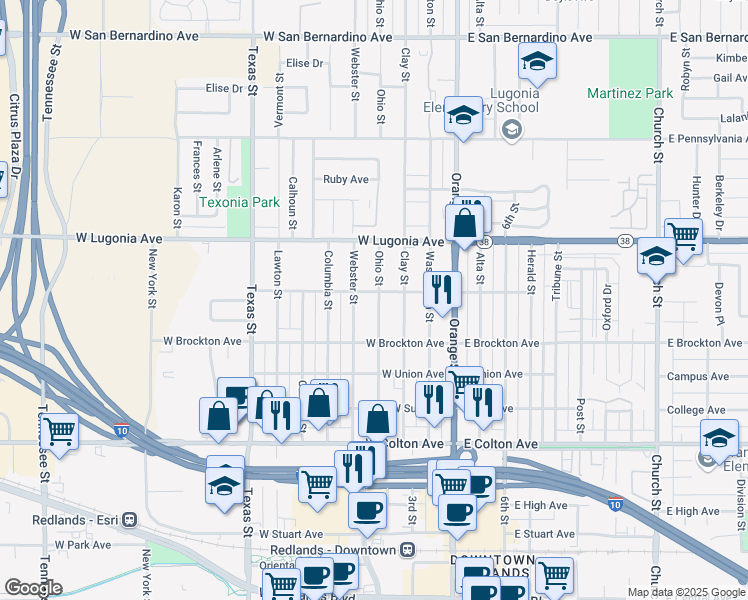 map of restaurants, bars, coffee shops, grocery stores, and more near 1143 Ohio Street in Redlands