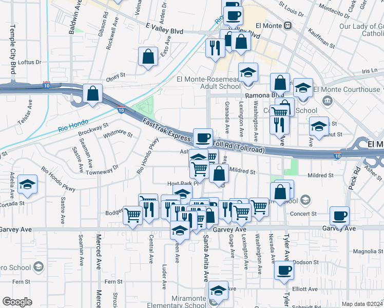map of restaurants, bars, coffee shops, grocery stores, and more near 10502 Asher Street in El Monte