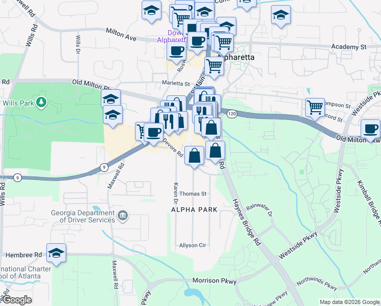 map of restaurants, bars, coffee shops, grocery stores, and more near 11770 Haynes Bridge Road in Alpharetta