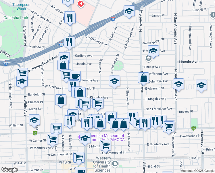map of restaurants, bars, coffee shops, grocery stores, and more near 361 East Alvarado Street in Pomona