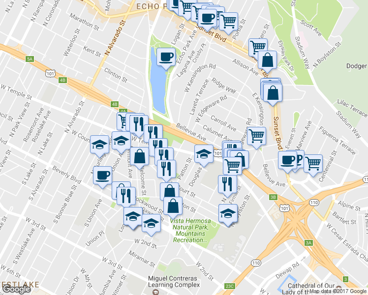 map of restaurants, bars, coffee shops, grocery stores, and more near 1461 West Temple Street in Los Angeles