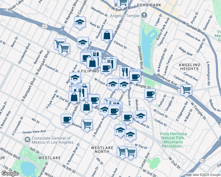 map of restaurants, bars, coffee shops, grocery stores, and more near 1818 West Court Street in Los Angeles