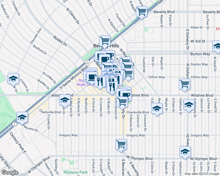 map of restaurants, bars, coffee shops, grocery stores, and more near 9840 Dayton Way in Beverly Hills