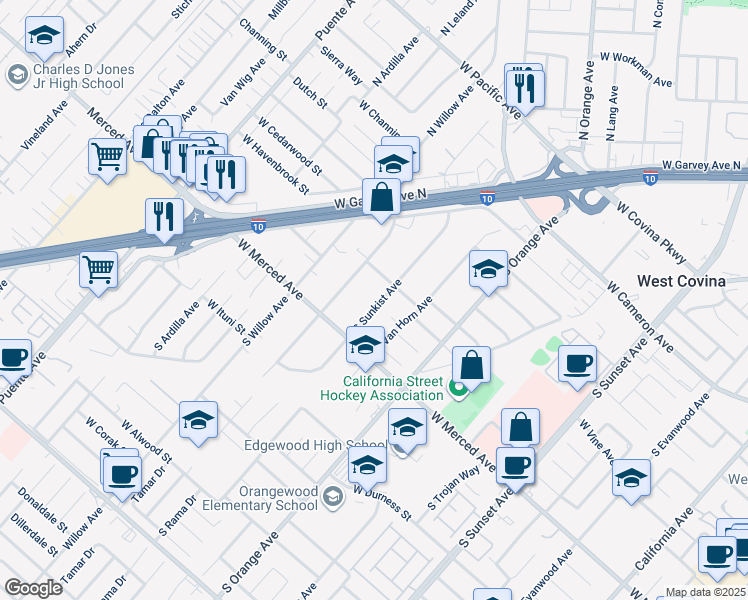 map of restaurants, bars, coffee shops, grocery stores, and more near 1123 South Sunkist Avenue in West Covina