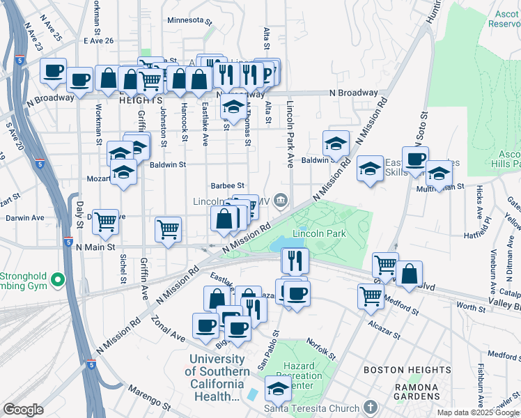map of restaurants, bars, coffee shops, grocery stores, and more near 3416 Park Heights Terrace in Los Angeles