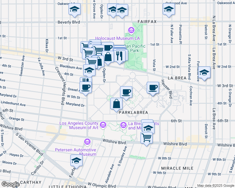 map of restaurants, bars, coffee shops, grocery stores, and more near 400 South Orange Grove Avenue in Los Angeles
