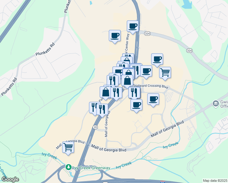 map of restaurants, bars, coffee shops, grocery stores, and more near 3276 Buford Drive in Buford