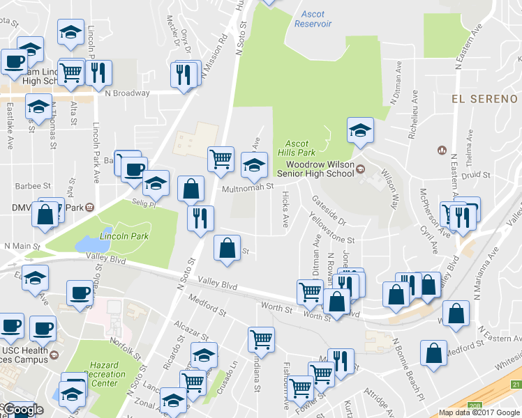 map of restaurants, bars, coffee shops, grocery stores, and more near 2046 North Indiana Avenue in Los Angeles