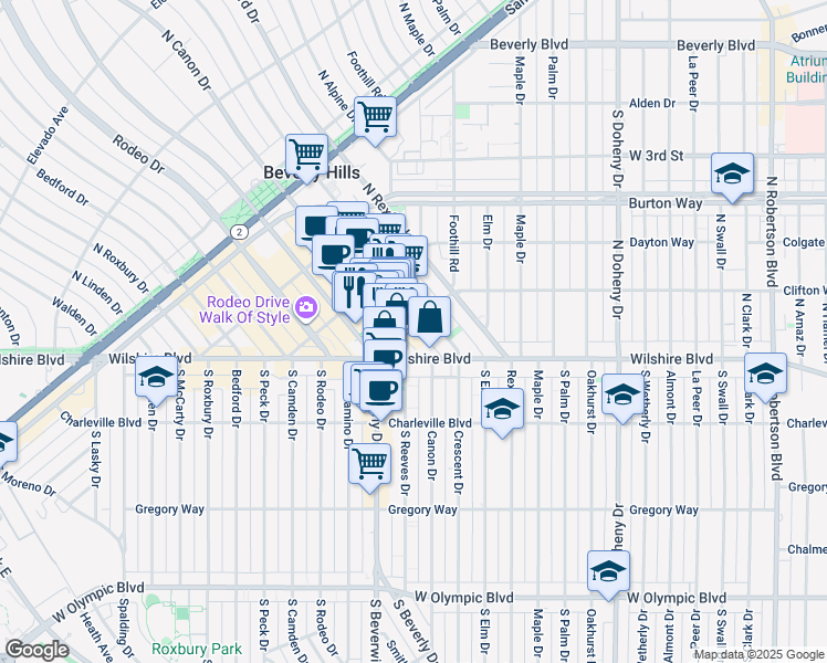 map of restaurants, bars, coffee shops, grocery stores, and more near 2421 Clifton Way in Beverly Hills