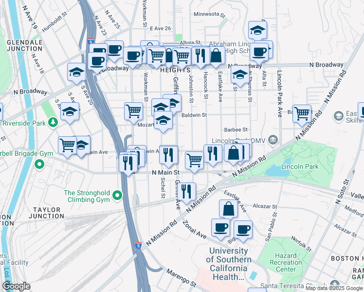 map of restaurants, bars, coffee shops, grocery stores, and more near 2008 Griffin Avenue in Los Angeles