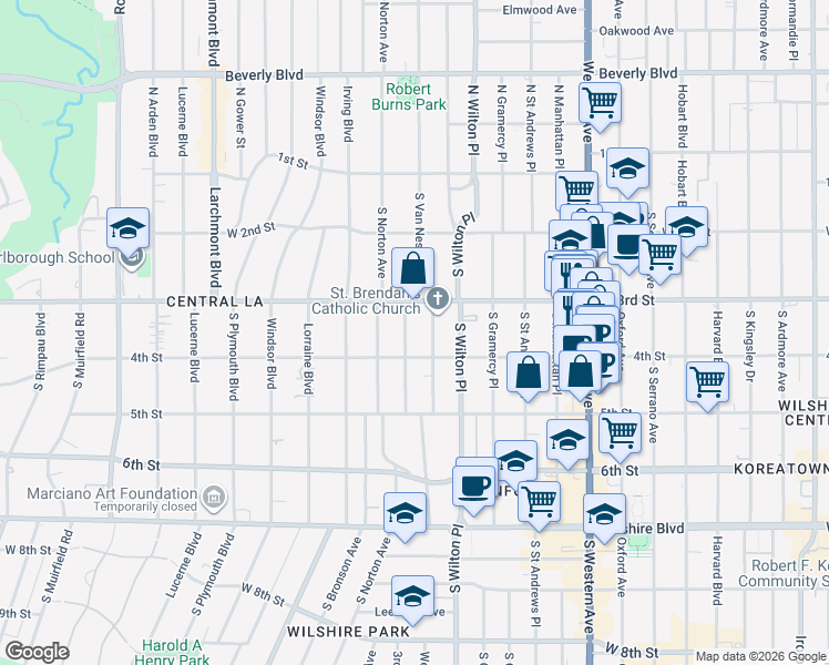 map of restaurants, bars, coffee shops, grocery stores, and more near 326 Westminster Avenue in Los Angeles