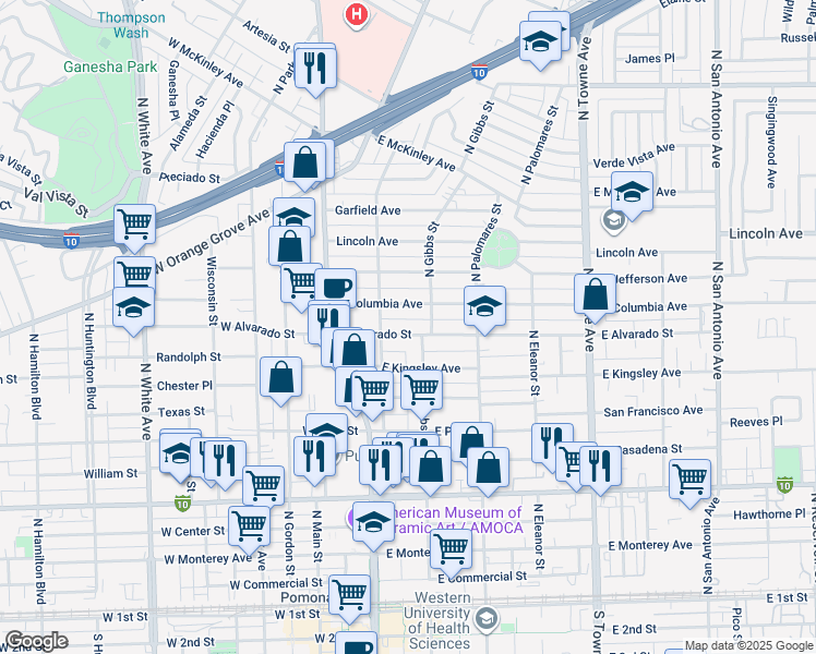 map of restaurants, bars, coffee shops, grocery stores, and more near 259 East Alvarado Street in Pomona