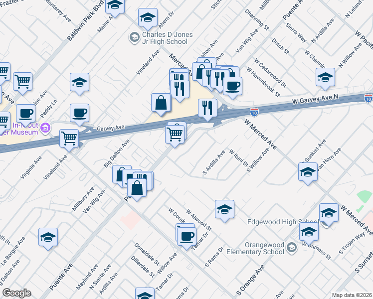 map of restaurants, bars, coffee shops, grocery stores, and more near 1349 South Halinor Avenue in West Covina