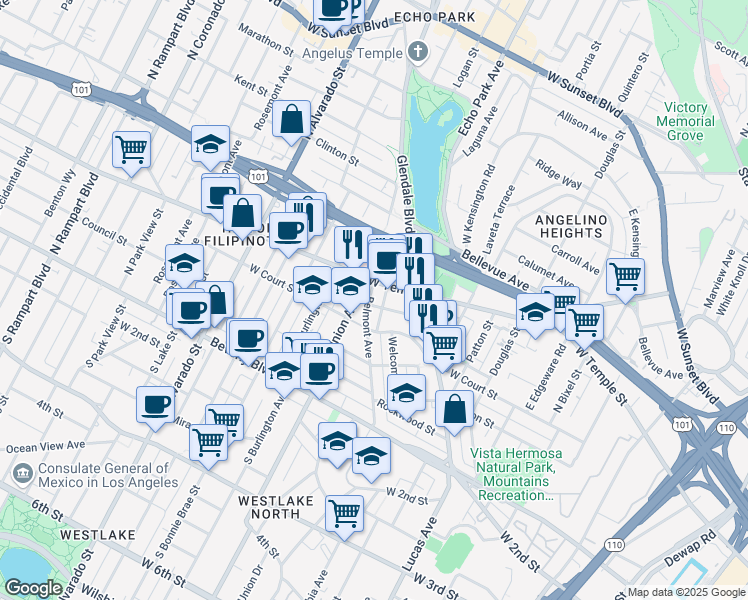 map of restaurants, bars, coffee shops, grocery stores, and more near 334 Belmont Avenue in Los Angeles