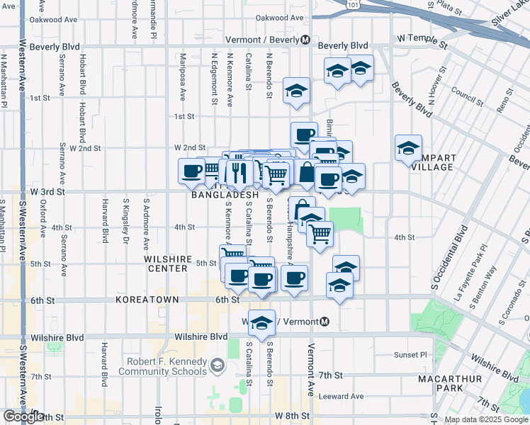 map of restaurants, bars, coffee shops, grocery stores, and more near 335 South Berendo Street in Los Angeles