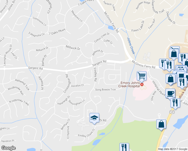 map of restaurants, bars, coffee shops, grocery stores, and more near 685 Wellingbrough Court in Alpharetta