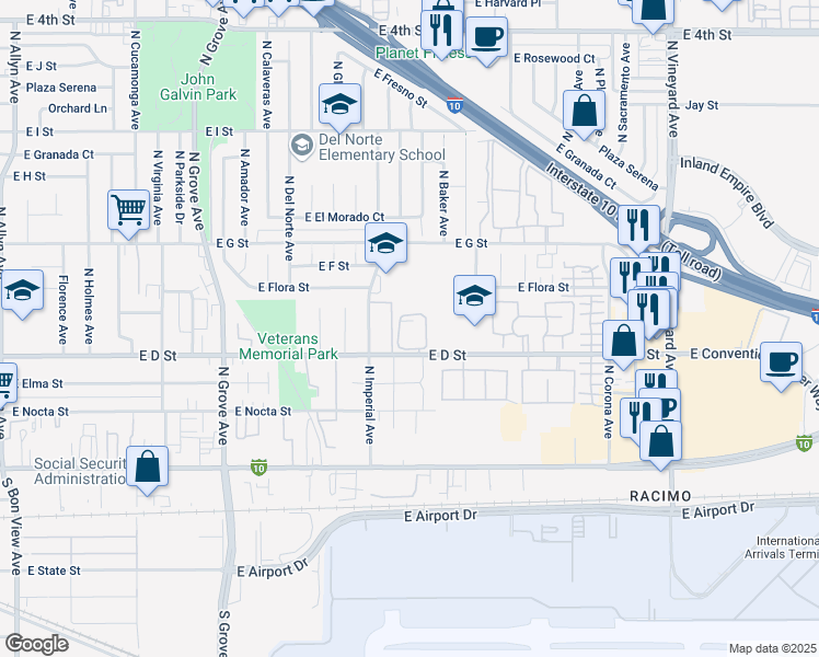 map of restaurants, bars, coffee shops, grocery stores, and more near 1433 East D Street in Ontario