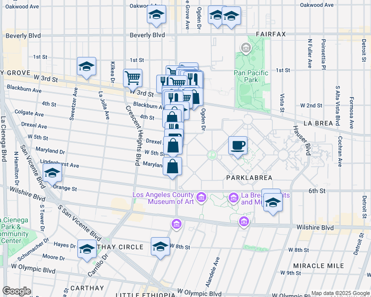 map of restaurants, bars, coffee shops, grocery stores, and more near 437 South Ogden Drive in Los Angeles