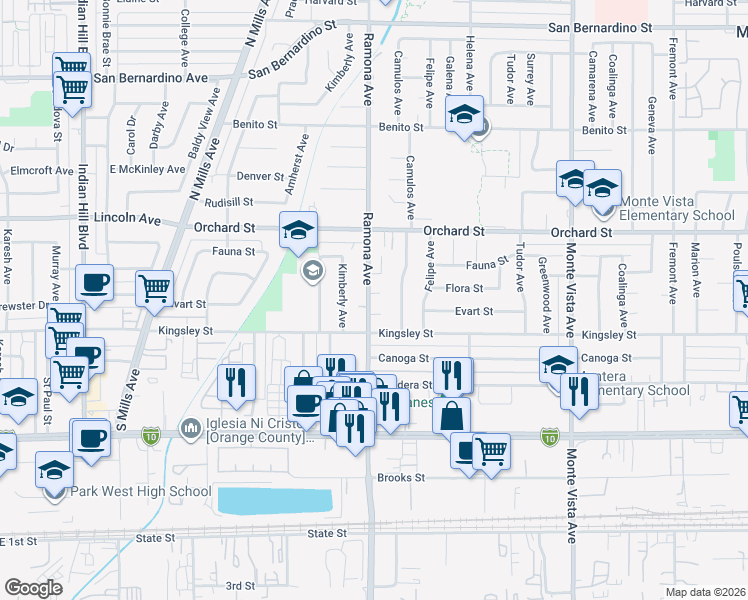 map of restaurants, bars, coffee shops, grocery stores, and more near 4511 Flora Street in Montclair