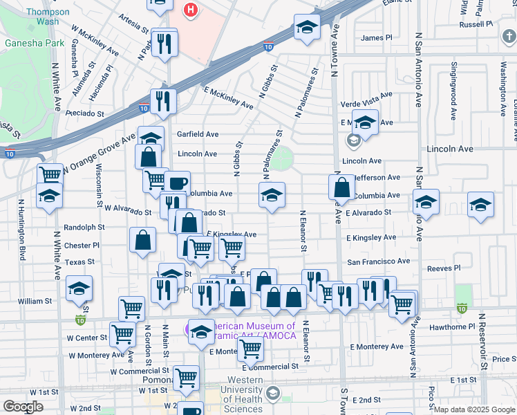 map of restaurants, bars, coffee shops, grocery stores, and more near 371 East Alvarado Street in Pomona