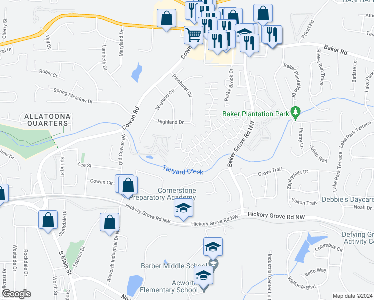 map of restaurants, bars, coffee shops, grocery stores, and more near 105 Windcroft Court Northwest in Acworth
