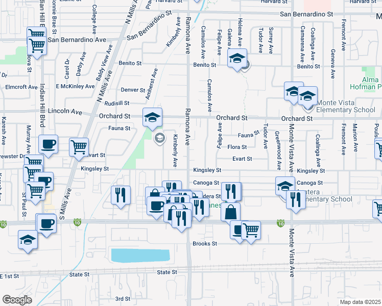 map of restaurants, bars, coffee shops, grocery stores, and more near 4511 Flora Street in Montclair