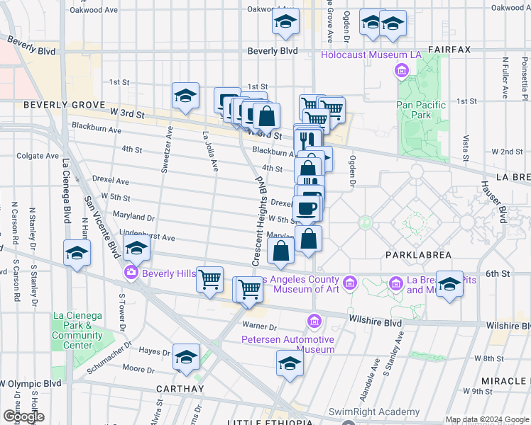 map of restaurants, bars, coffee shops, grocery stores, and more near 6241 West 5th Street in Los Angeles