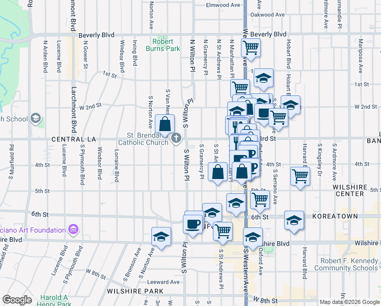 map of restaurants, bars, coffee shops, grocery stores, and more near 332 South Wilton Place in Los Angeles