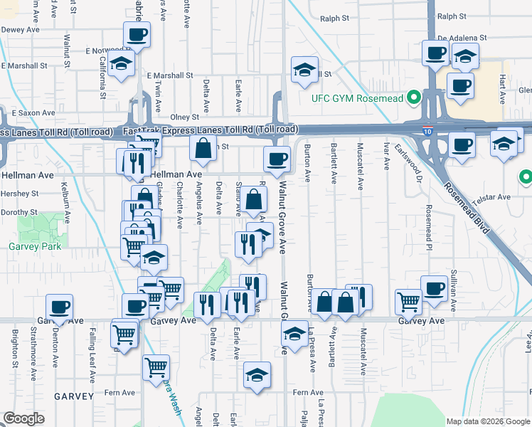 map of restaurants, bars, coffee shops, grocery stores, and more near 8535 Dorothy Street in Rosemead