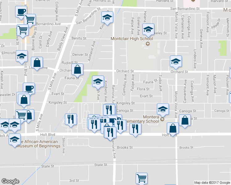 map of restaurants, bars, coffee shops, grocery stores, and more near 4511 Flora Street in Montclair