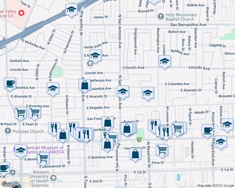 map of restaurants, bars, coffee shops, grocery stores, and more near 901 North San Antonio Avenue in Pomona