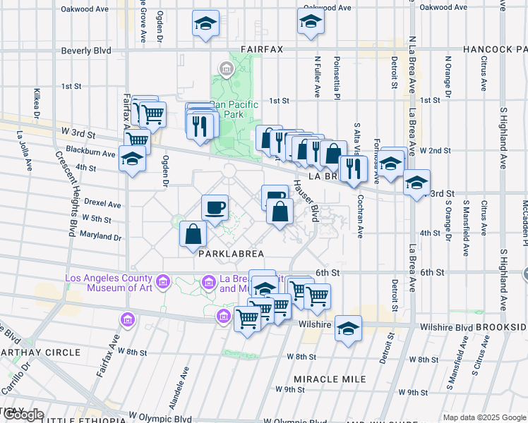 map of restaurants, bars, coffee shops, grocery stores, and more near 383 South Burnside Avenue in Los Angeles