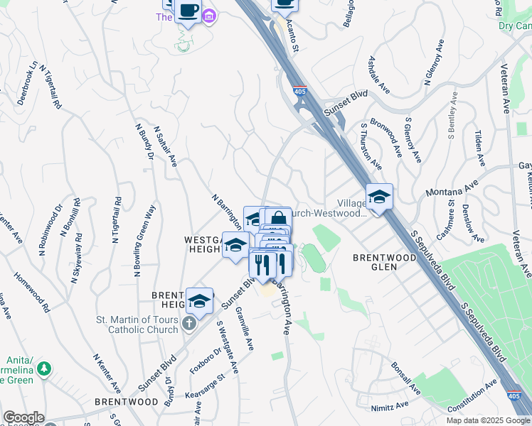 map of restaurants, bars, coffee shops, grocery stores, and more near 11590 Sunset Boulevard in Los Angeles