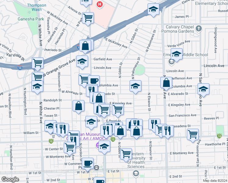 map of restaurants, bars, coffee shops, grocery stores, and more near 259 East Alvarado Street in Pomona