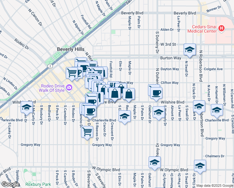 map of restaurants, bars, coffee shops, grocery stores, and more near 137N North Rexford Drive in Beverly Hills