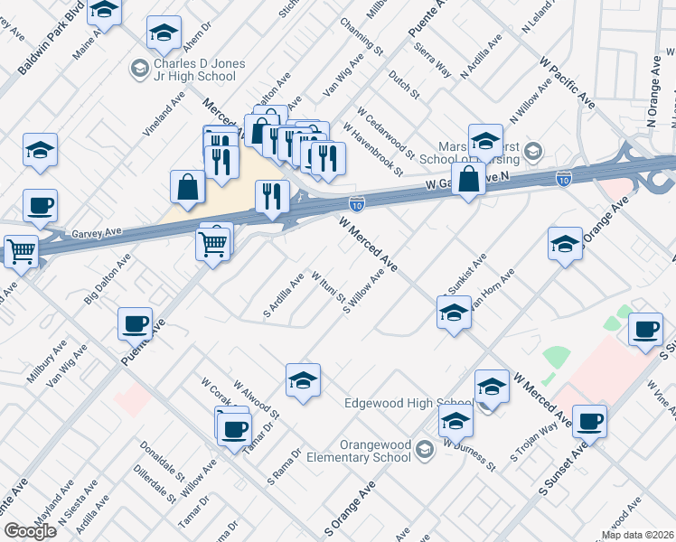 map of restaurants, bars, coffee shops, grocery stores, and more near 1244 South Leland Avenue in West Covina