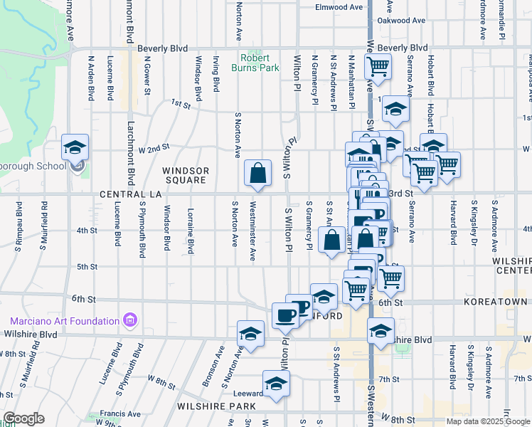 map of restaurants, bars, coffee shops, grocery stores, and more near 333 South Van Ness Avenue in Los Angeles
