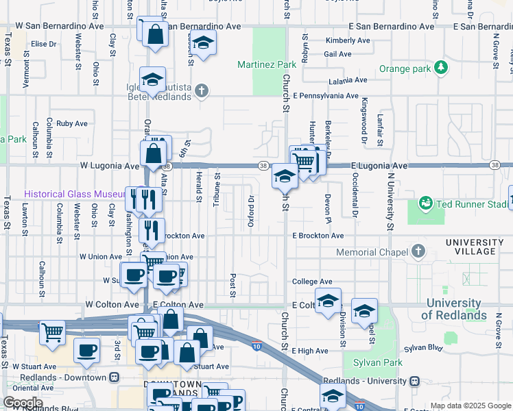 map of restaurants, bars, coffee shops, grocery stores, and more near 1140 Oxford Drive in Redlands