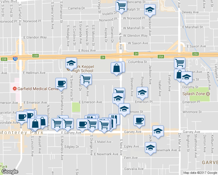 map of restaurants, bars, coffee shops, grocery stores, and more near 519 Elizabeth Avenue in Monterey Park